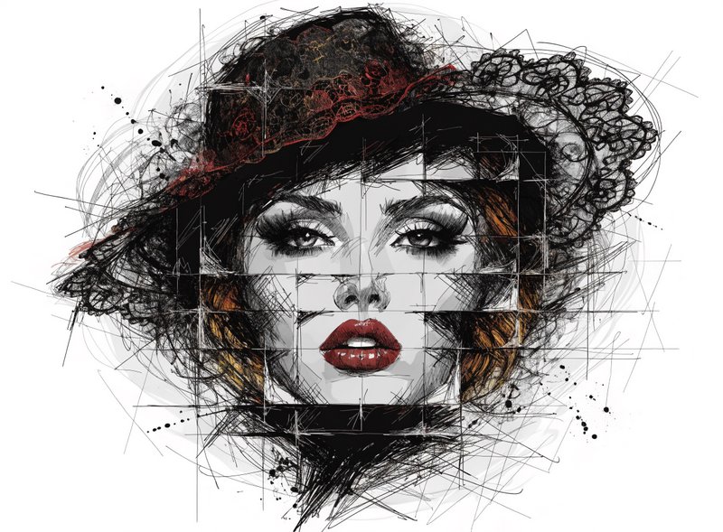 A artistic sketch of a woman's face wearing a black hat with red lips, created with scribbled lines and a grid overlay.