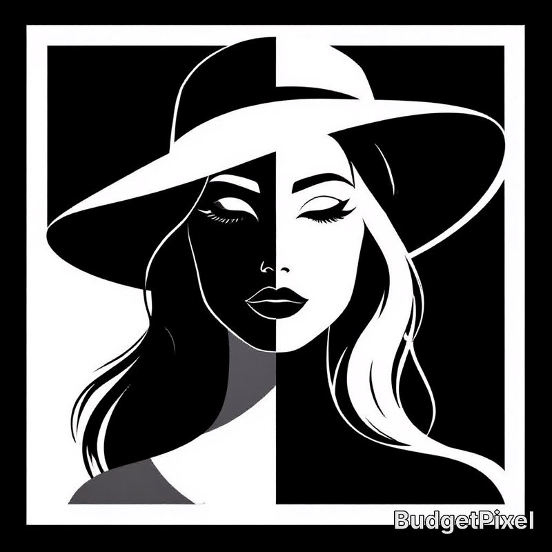 Stylized black-and-white portrait of a woman wearing a wide hat, featuring a split-tone face.
