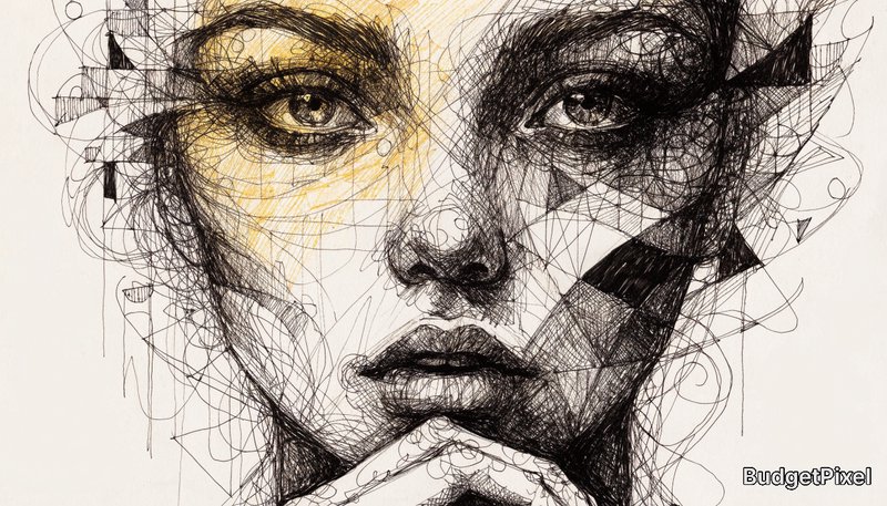 full view, Abstract ink sketch portrait of a woman's face, with hand on chin, blending realistic features with abstract geometric lines and shapes. The composition is dynamic, with the left side of the face in warm yellow tones and the right-side transitioning into monochromatic geometric patterns. The style is detailed and intricate, incorporating elements of both realism and abstraction. The mood is contemplative, with an artistic play on symmetry and asymmetry.