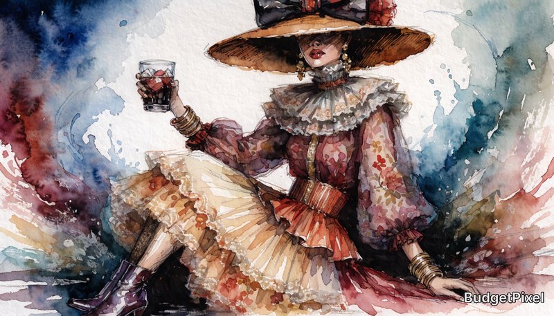 Watercolor illustration of a seated woman in a Victorian-style dress with a wide-brim hat, holding a drink.