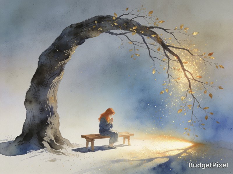 A watercolor painting of a girl with red hair sitting on a wooden bench under a curved tree with golden leaves.