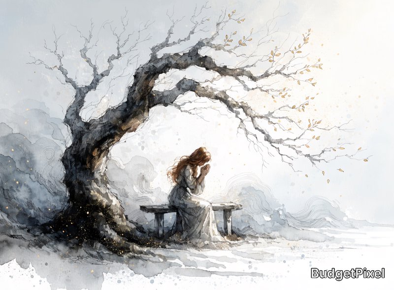 Watercolor illustration of a woman sitting on a bench beneath a twisted, leaf-sparse tree.