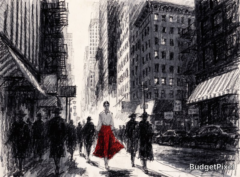 Woman in a red skirt walking through a bustling monochrome city street sketch.