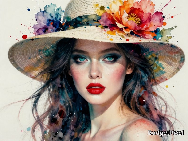 Close-up, eye-level portrait of a young woman with porcelain skin, teal-blue eyes, bold red lips and dramatic smoky eye makeup; she wears a large wide-brimmed hat decorated with a oversized multicolored flower and exploding watercolor/ink splatters that blend into flowing dark hair. Soft frontal warm lighting with cool teal rim light, subtle shadow from the hat brim, high-detail photorealistic mixed-media style (watercolor splashes, oil paint texture), dynamic composition centered on her face and shoulder, medium close-up, artistic painterly strokes and paint droplets across skin.