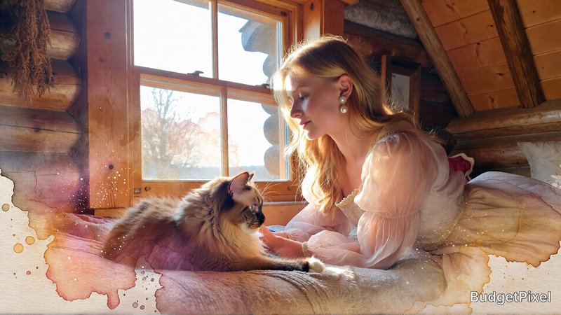 Woman in a pastel dress gently petting a fluffy cat on a sunlit rustic cabin bed.