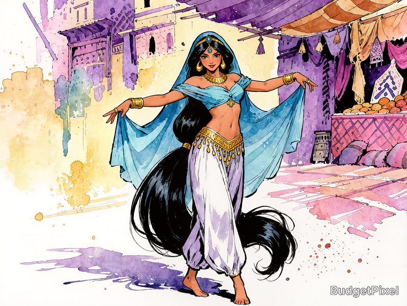 inkpunk watercolor, Crie uma imagem DC COMIC full body. nineteen, she has very long silk black hair that goes beneath her buttox, Little Egypt, Dancer extrodinair, Berber Princess, Moroccan bazar, European facial features, exotic arabian female pastel shine, sheer blue veil, sheer white satin harum pants, she wears a lot of gold as jewelry, rings, collars, bracelets. bare-foot