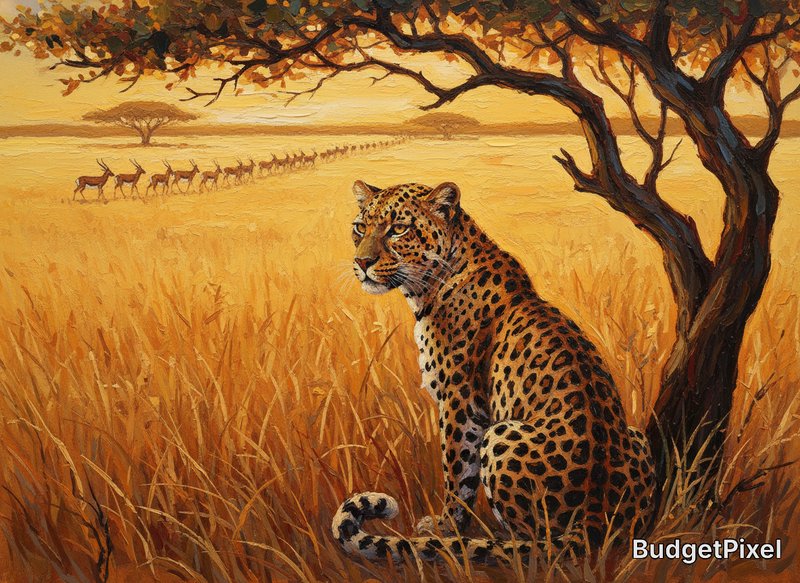 Bold thick textured brush work with gouache impasto technique blend to tell a story,in the warmth of the late-afternoon sun, the leopard claimed his silent throne among the tall savanna grasses. From his perch beside the twisted acacia, he watched the slow, drifting line of antelope moving across the golden plain. They walked without urgency, unaware—or perhaps simply accepting—that the shadow beneath the tree was more than a pattern in the grass.