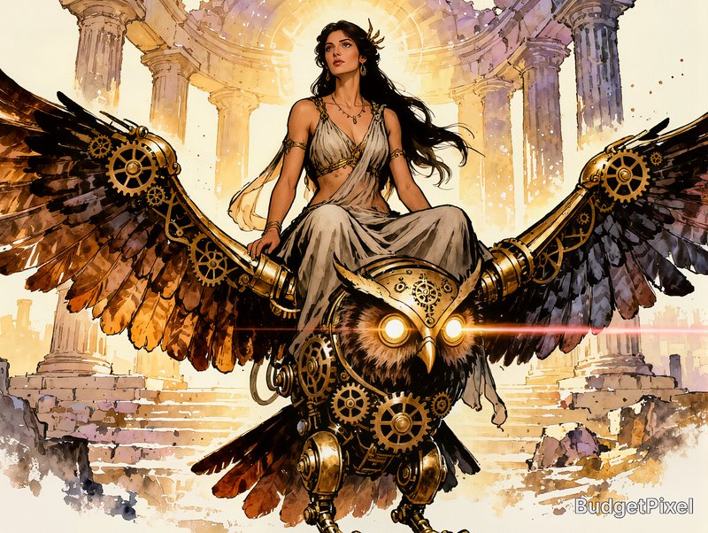 Mythpunk portrayal of Persephone as an otherworldly Greek goddess, riding a magnificent steampunk mechanical owl with intricate brass filigree, exposed gears, feather-like metal plating, and laser-focused glowing eyes. She is draped in flowing, ethereal garments that blend ancient Hellenic elegance with rebellious fantasy aesthetics, her presence both regal and mysterious. Rendered in an inkpunk sketch watercolor style with bold expressive linework, layered washes, and richly textured detail. The scene is bathed in warm golden-hour light, casting radiant highlights and soft amber shadows across her figure and the owl’s metallic form. In the background, majestic Greek architecture rises in dreamy perspective—weathered marble columns, temple ruins, and mythic stone terraces—softened by cinematic bokeh and atmospheric depth. The overall mood is enchanting, dramatic, and surreal, combining classical mythology, mechanical fantasy, and painterly storytelling.
Overall, it's an absolute world-class masterpiece watercolor artwork. It's an aesthetically pleasing watercolor artwork with impeccable attention to detail and impressive composition.