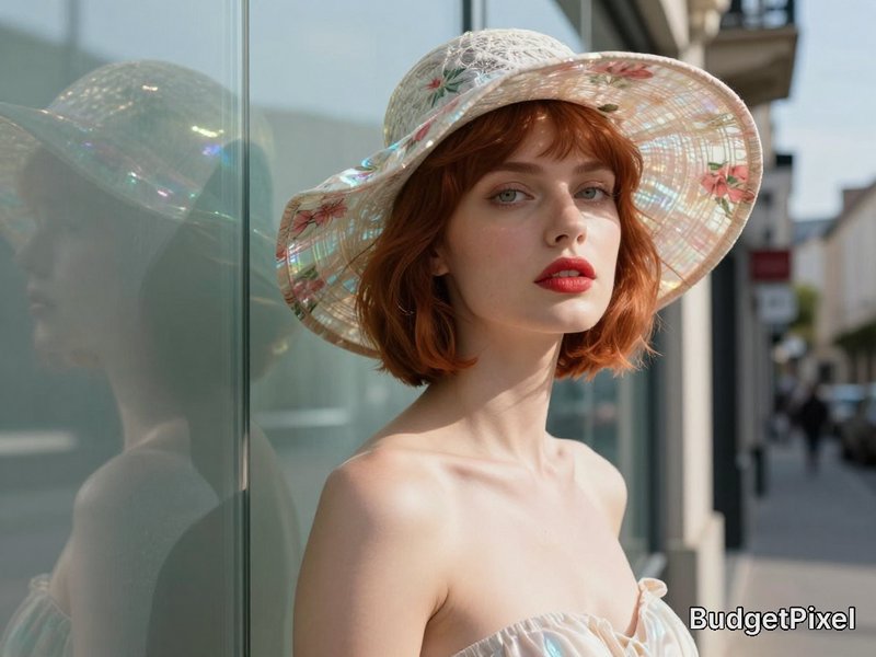 Woman with a red bob in a floral wide-brim hat beside a glass storefront.