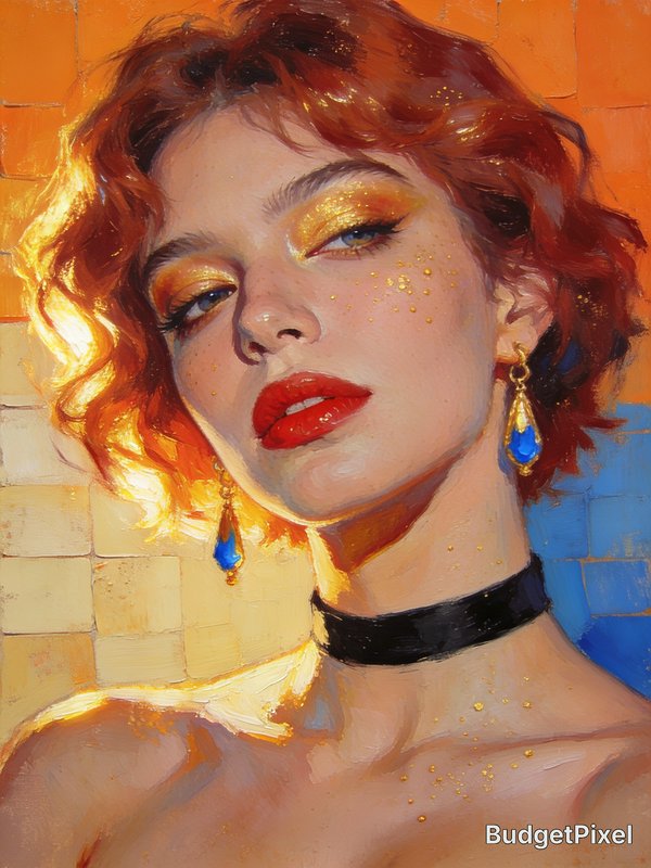 Portrait painting of a woman with gold glitter makeup, red lips, blue teardrop earrings, a black choker, set against warm ...