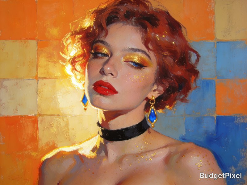 Portrait of a woman with short red hair and bold makeup against a colorful tiled background.