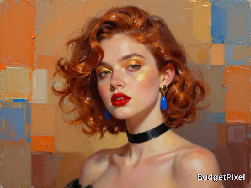 Portrait of a red-haired woman with bold makeup and blue drop earrings against an abstract warm-cool background.