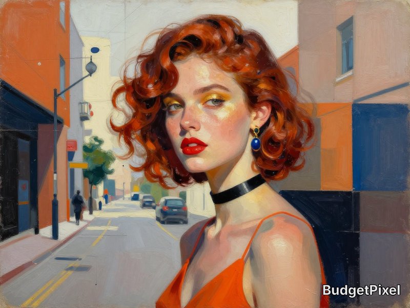 Painted portrait of a red-haired woman in an orange dress on an urban street.