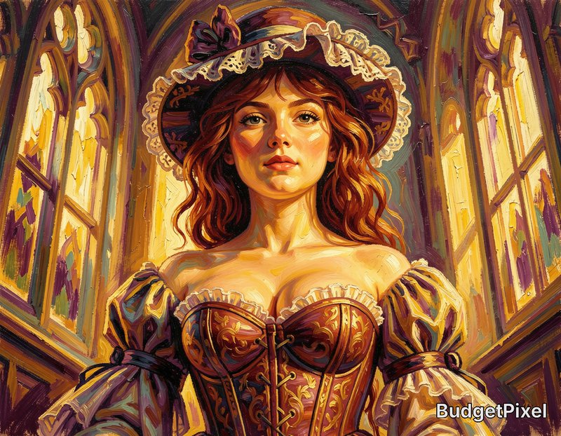 Portrait of a woman in a Victorian burgundy corset dress with lace-trimmed hat in warm amber light.