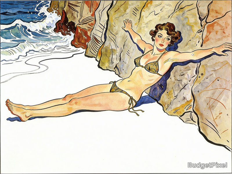 Vintage pin-up girl in a bikini lounging on a sunny beach beside rocky cliffs and rolling waves.