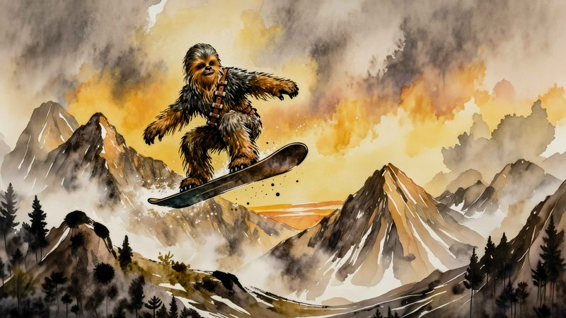 Wookiee-like fantasy character snowboarding over rugged mountains at sunset.