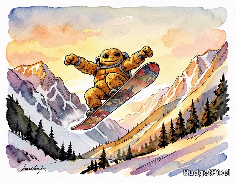 Cartoon snowboarder in an orange suit performing a jump over snowy mountains at sunset.