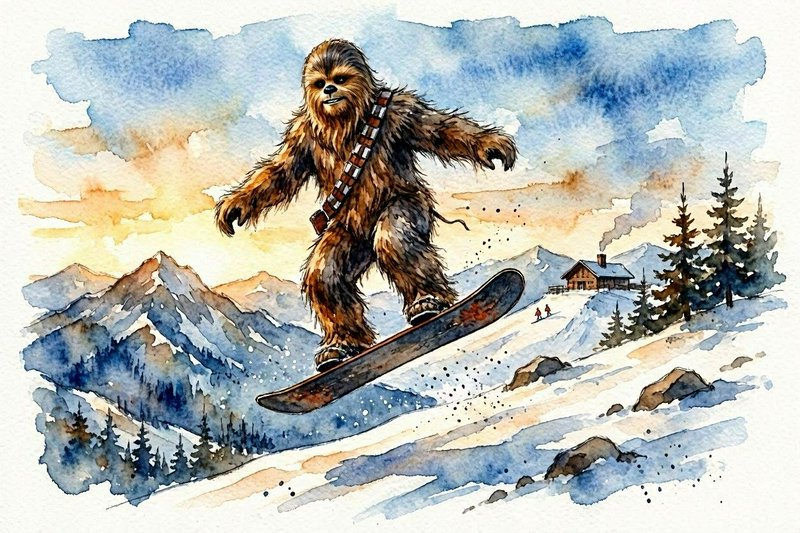 Watercolor illustration of a Chewbacca-like Wookie snowboarding down a snowy mountain.