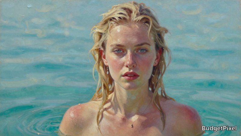 Portrait of a young woman with blonde hair emerging from turquoise water.
