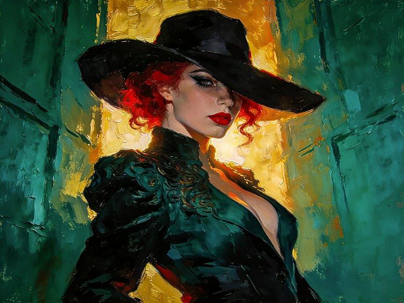 Stylized portrait of a woman with red curls in a wide black hat against a green-yellow abstract background