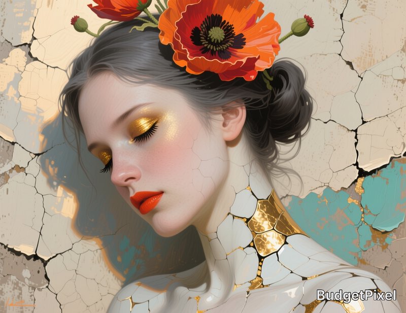 Digital portrait of a woman with golden makeup and a flower crown against a cracked porcelain-like background.