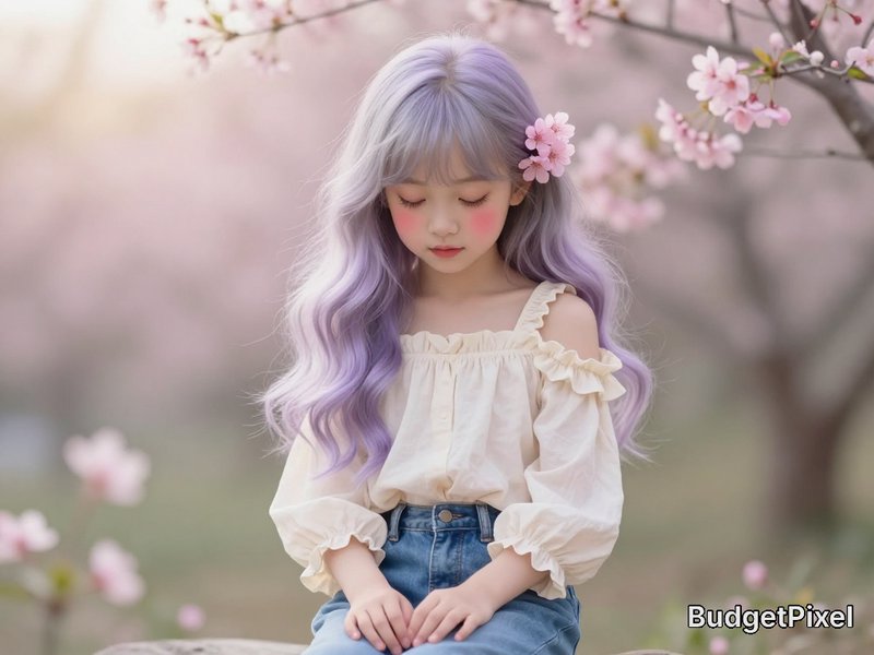 Young girl with lavender hair sitting among pink blossoms in a pastel garden