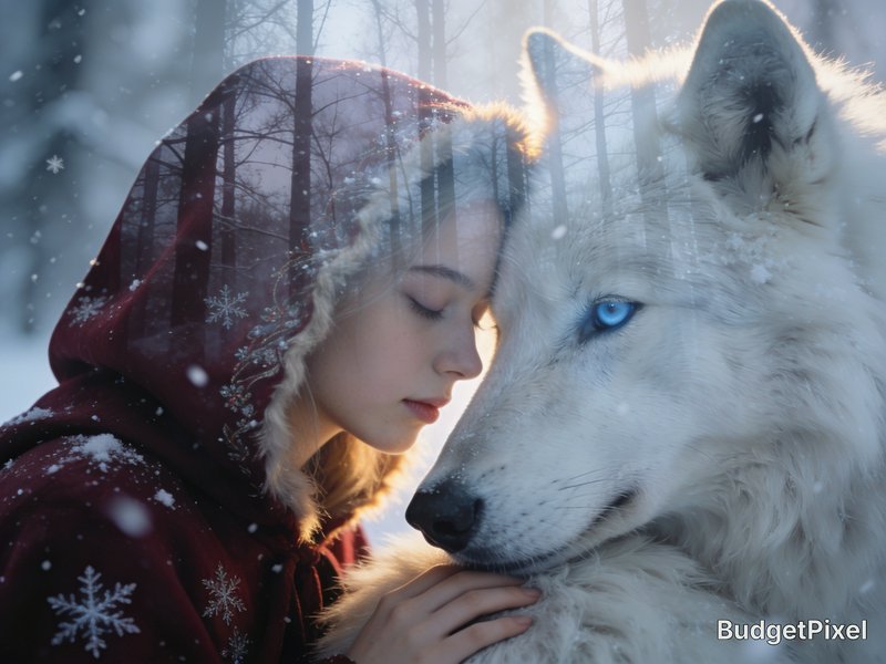 Young woman in a red hooded coat gently touching a white wolf in a snowy forest.