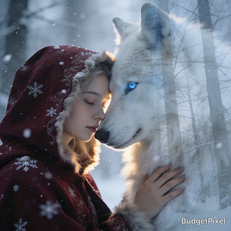 Girl in a red hooded cloak gently touches a white wolf in a snowy forest.