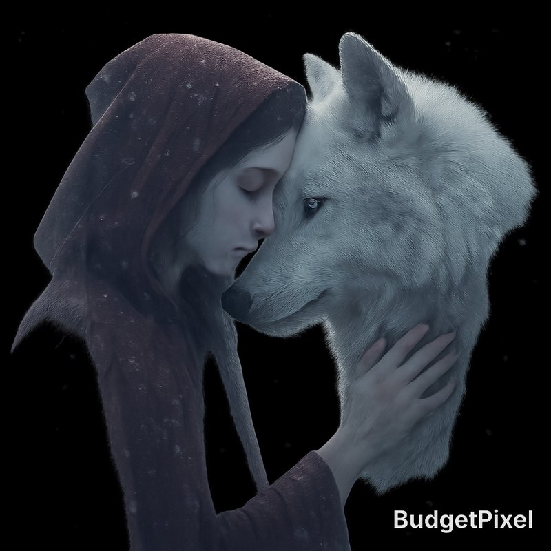 Hooded girl and white wolf share a tender, close-headed hug against a dark background.