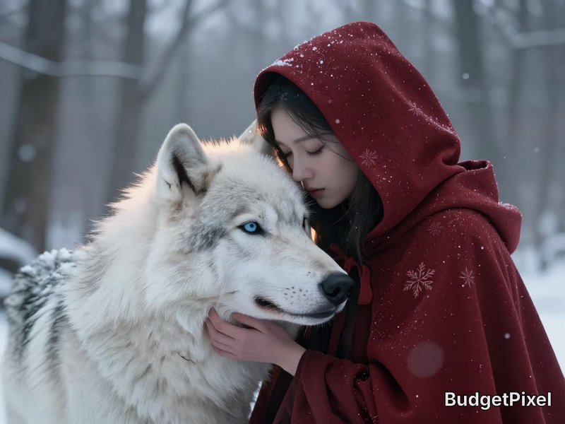 Woman in a red hooded cloak cuddles a white Siberian Husky in a snowy forest.