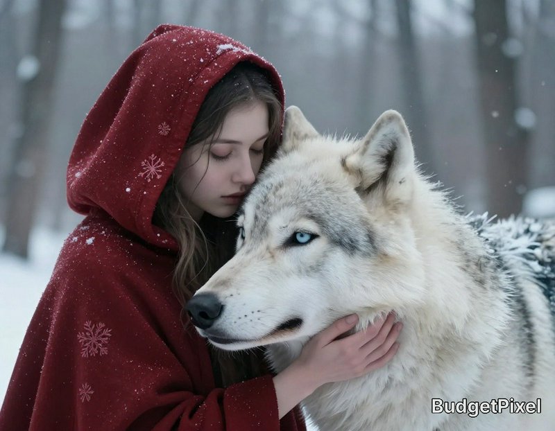 Girl in a red hooded cloak tenderly touching a pale white wolf in a snowy forest.