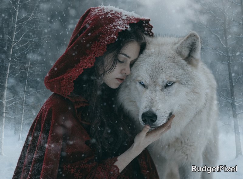 A woman in a red hooded cloak gently touches a white wolf in a snowy forest.