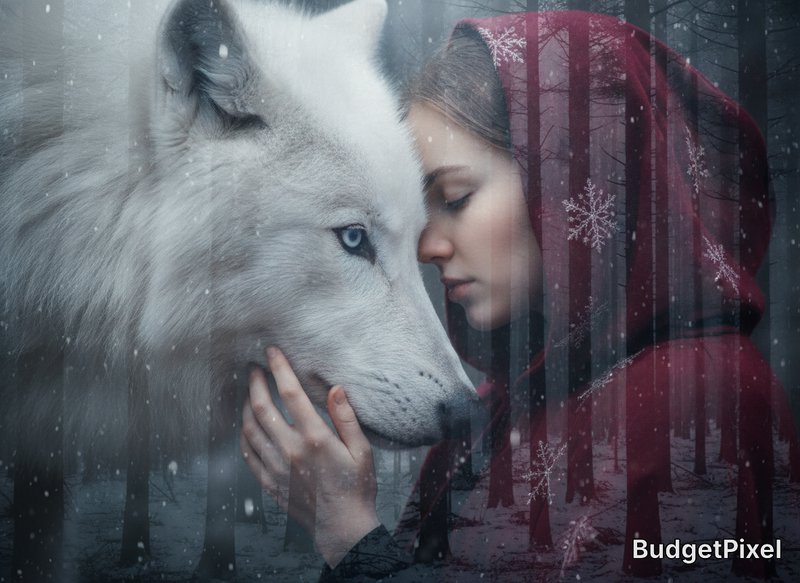 Double exposure portrait, base layer: intimate eye-level medium close-up of a pale delicate young woman in a deep crimson hooded cloak embroidered with subtle snowflake patterns, eyes closed, forehead gently touching the muzzle of a large majestic white wolf with icy blue eyes, her hand resting on the wolf's thick fur. Overlay layer: semi-transparent silhouette of straight bare winter trees with falling snow, softly blended across both figures. Moody low-key winter lighting, cool desaturated foggy backlight with soft rim light on fur and hood edges, faint warm fill on faces. Centered composition, shallow depth of field, high detail, cinematic fantasy photography.