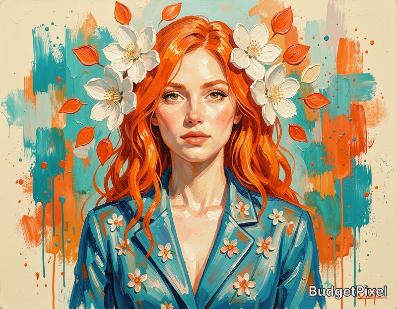 Impasto oil painting portrait of a red-haired woman with white blossoms in her hair, teal and orange abstract painterly ba...
