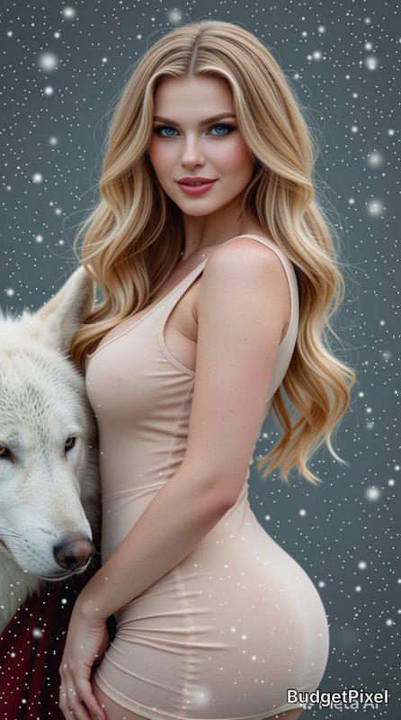 Blonde woman in a nude sleeveless bodysuit posing closely with a white arctic wolf, with falling snow against a dark