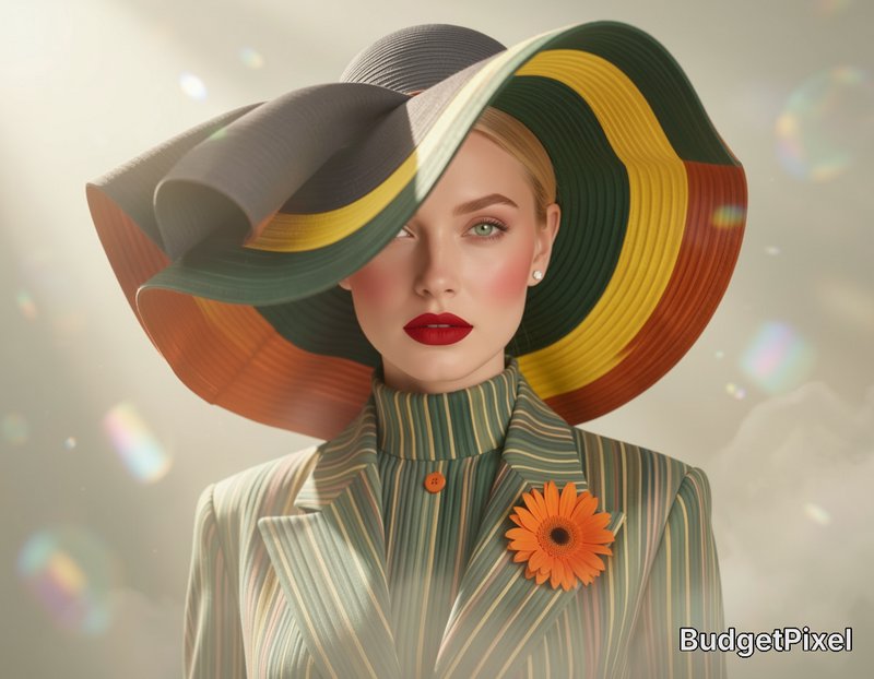 [Elegant blonde woman portrait in dramatic striped wide-brim hat, coordinated formal wear, soft glowing hazy background]