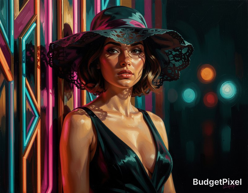 Painterly alla-prima oil rendering: buttery wet-into-wet strokes on warm luminous focal tones set against deep teal-black grounds, punctuated by saturated magenta, cyan, and vermilion glowing accents. High-contrast lighting with haloed light sources and specular chromatic highlights; atmospheric depth dissolving into soft blurred luminous points. Confident economical brushwork, flecks of pure impasto colour, edges firm on the focal form and melting into shadow at the periphery, carrying glazed high-specular sheen and complementary nocturnal glow. Moody, cinematic, sensual.
full front mid shot, a sensual erotic muse wearing a chartruce floppy silk lace wide brim hat, leans against a colorfful art deco wall, soft neon amber light casts ethereal shadows across her form, reflections