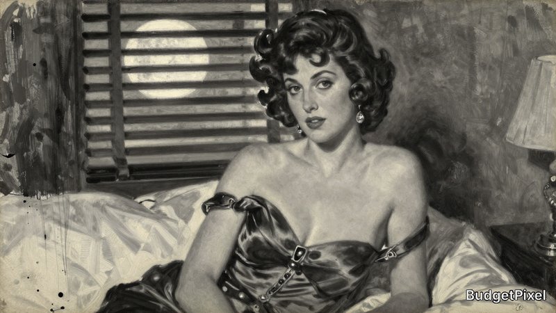 Black and white pulp illustration of a glamorous 1950s woman sitting up in bed, full moon visible through window blinds
