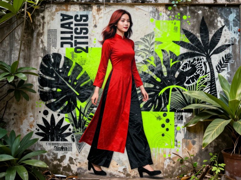 Young woman in bright red Vietnamese ao dai walks before a tropical street art wall framed by leafy potted plants.