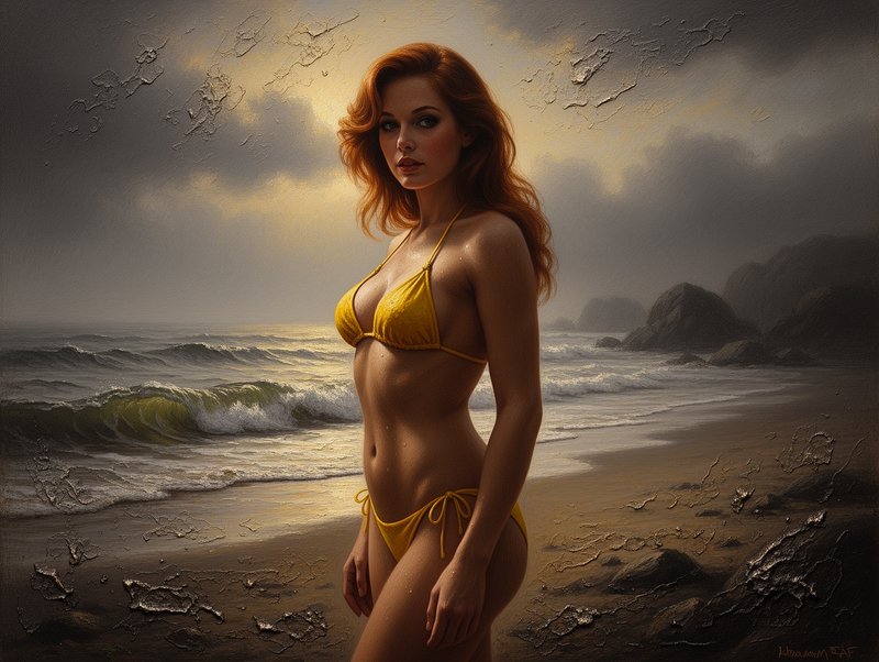 [Textured impasto oil painting of red-haired woman in yellow bikini standing on dramatic moody beach at golden hour]