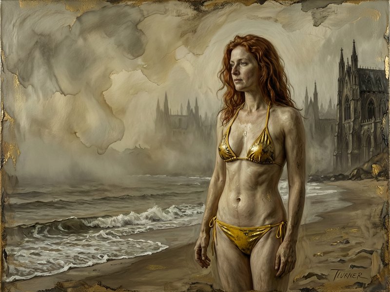 Oil painting of a red-haired woman in a gold bikini standing on a misty moody beach with distant gothic spires