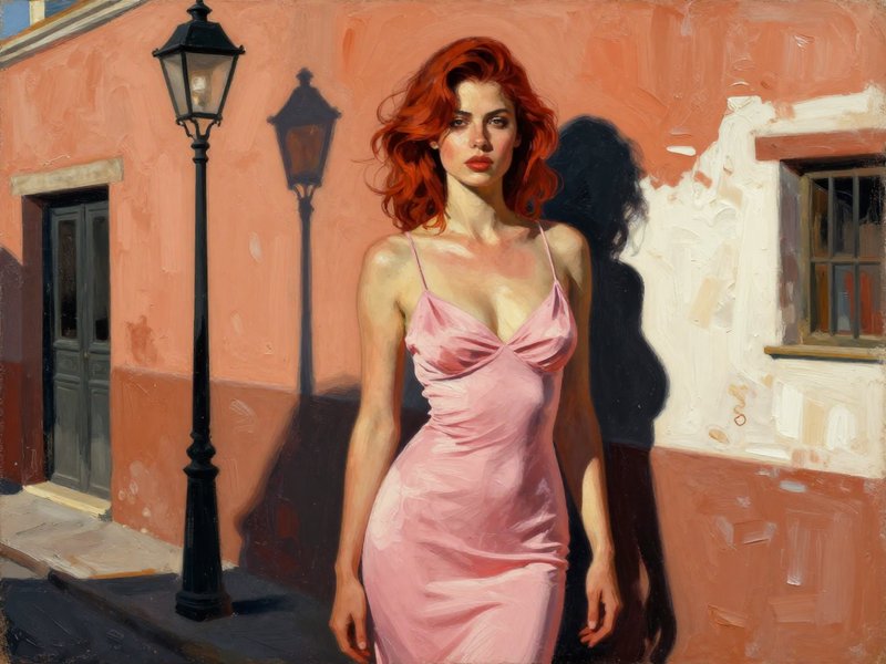 Impressionist oil portrait of a red-haired woman in a pink satin dress standing on a sunlit street beside a vintage lamppost.