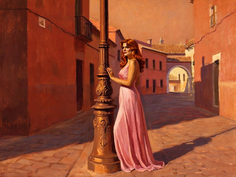 Anders Zorn + Mitchell Hooks + Seville atmosphere, where Zorn's limited palette (ochre, black, white, red) creates luminous depth through strategic color mixing, Hooks' pulp cover dramatics produce bold silhouettes and high-contrast staging via graphic value separation, and Seville infuses sun-drenched warmth with terracotta heat and golden-hour saturation. The fusion manifests as confident brushwork with tactile impasto, warm-dominant color harmonies, and theatrical chiaroscuro, transforming any subject through dusty orange glows, deep amber shadows, and flesh tones radiating Mediterranean heat.                                                           sensual auburn muse poses by a street lamp, she wears a slinky little pink evening dress, decolletage