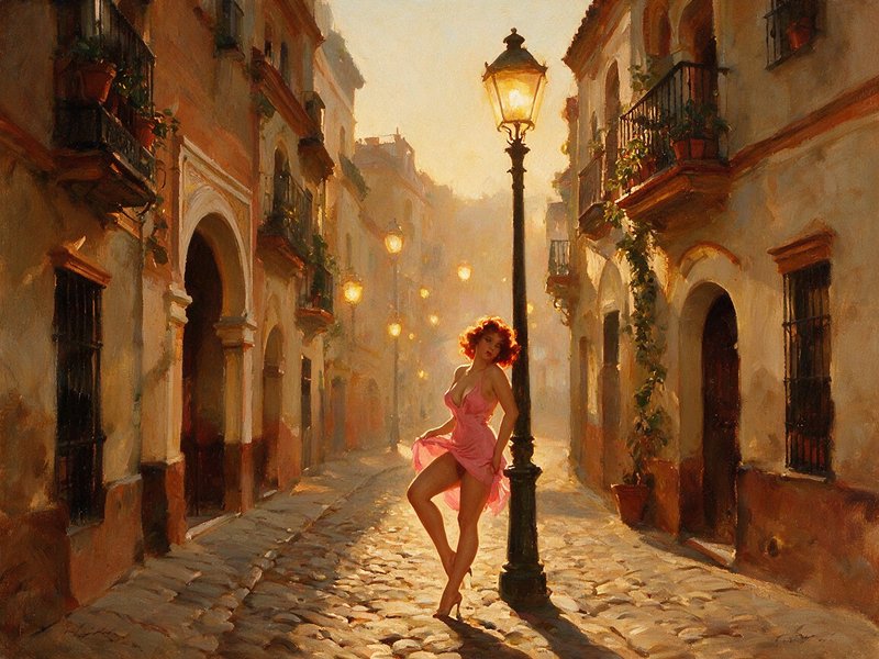 Impressionist oil painting of red-haired woman in pink dress leaning on glowing street lamp on golden hour Mediterranean