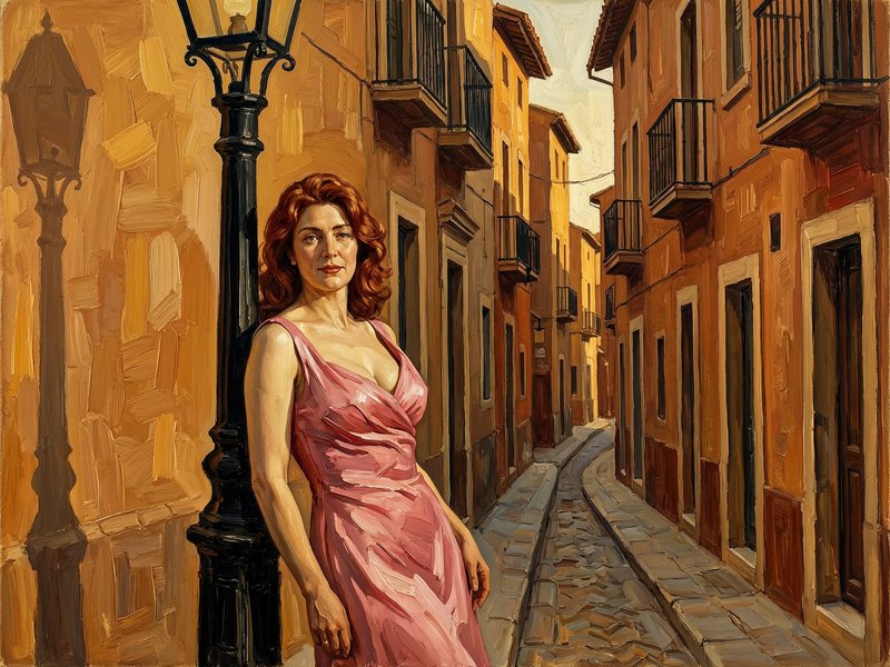 Impressionist impasto painting of red-haired woman in pink gown leaning on a street lamp in a sunlit Mediterranean