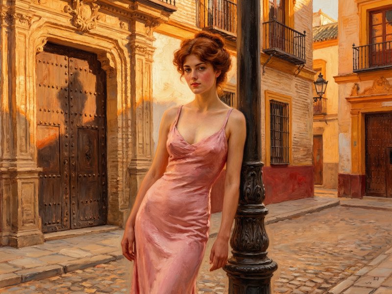 Anders Zorn + Mitchell Hooks + Seville atmosphere, where Zorn's limited palette (ochre, black, white, red) creates luminous depth through strategic color mixing, Hooks' pulp cover dramatics produce bold silhouettes and high-contrast staging via graphic value separation, and Seville infuses sun-drenched warmth with terracotta heat and golden-hour saturation. The fusion manifests as confident brushwork with tactile impasto, warm-dominant color harmonies, and theatrical chiaroscuro, transforming any subject through dusty orange glows, deep amber shadows, and flesh tones radiating Mediterranean heat.                                                           sensual auburn muse poses by a street lamp, she wears a slinky little pink evening dress, decolletage