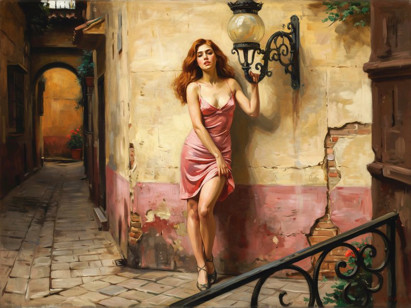 Oil painting of red-haired woman in pink satin dress leaning on an ornate street lamp in a sunlit cobblestone alley