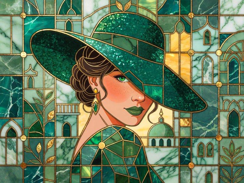 a fusion of J.C. Leyendecker + Tamara de Lempicka + contemporary street art where vintage poster illustration meets Art Deco geometric styling and modern grunge textures. Features bold color blocking with high contrast lighting, smooth stylized forms with clean edges, deliberate weathered distressing, and paint-splatter overlays. The rendering employs dramatic warm-to-cool color transitions, idealized proportions, and saturated palette emphasizing yellows and oranges against teals, while maintaining the integrity of original subjects and settings.

Art Deco stained glass mosaic style, eye level medium close-up shot: elegant young woman with one bright green eye, soft peeking out, wide-brimmed glittered deep green hat covering half her face, freckled peachy blushed cheeks, matte green lipstick, dark curled dark brown updo hair, dangling gold earring with green teardrop gem. Mosaic background in rich forest, sage, pale green marble-textured tiles with thin gold foil lead lines, scattered gold leaf circular accents, fragmented stylised mediterranean buildings, arched windows, domed towers, delicate green foliage, all framed entirely within the mosaic grid, soft warm golden light, crisp defined gold linework, polished marble tile texture, cohesive emerald, art nouveau stained glass effect.