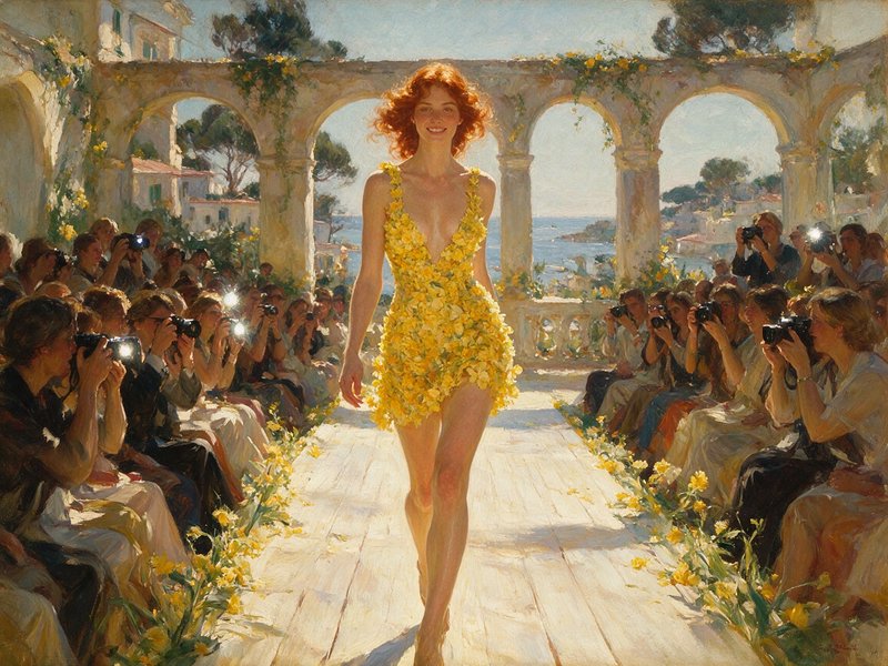 Impressionist painting of red-haired model in yellow flower dress walking sunlit coastal fashion runway for photographers