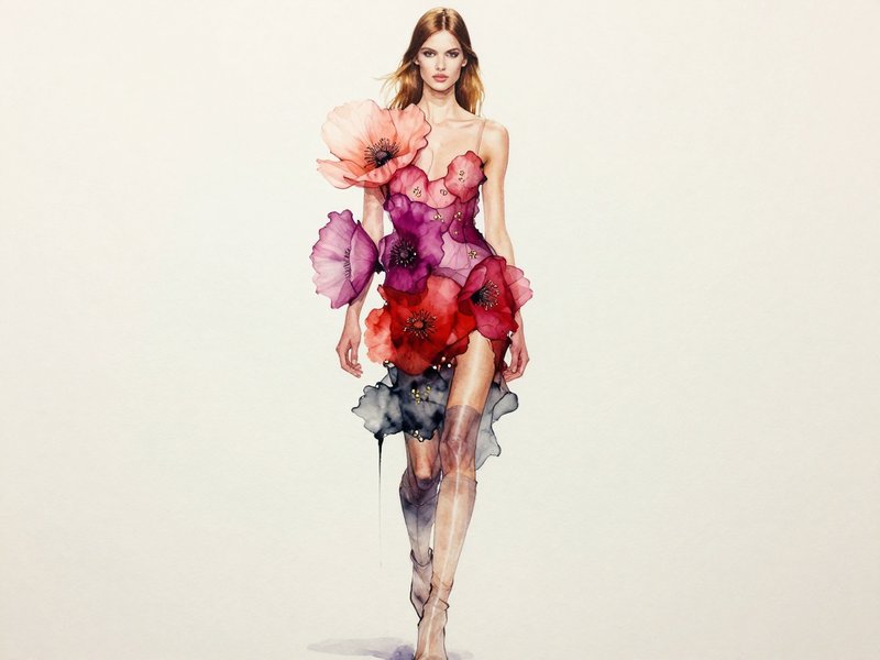 Watercolor fashion illustration of a model wearing an avant-garde 3D floral couture dress against a plain off-white